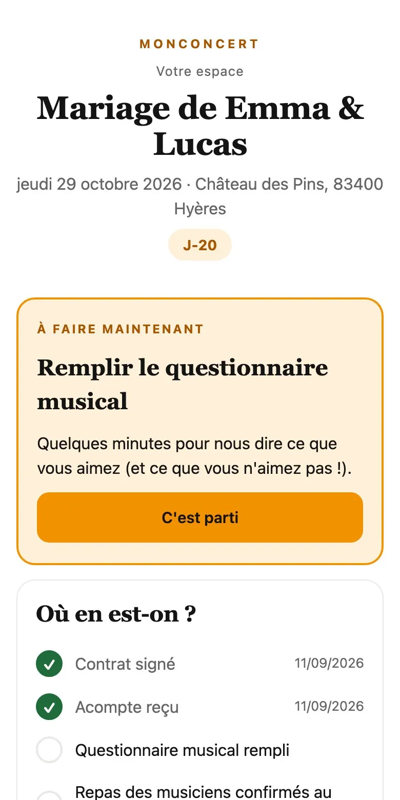 Exemple d'espace mariés MonConcert sur téléphone : étapes, questionnaire musical