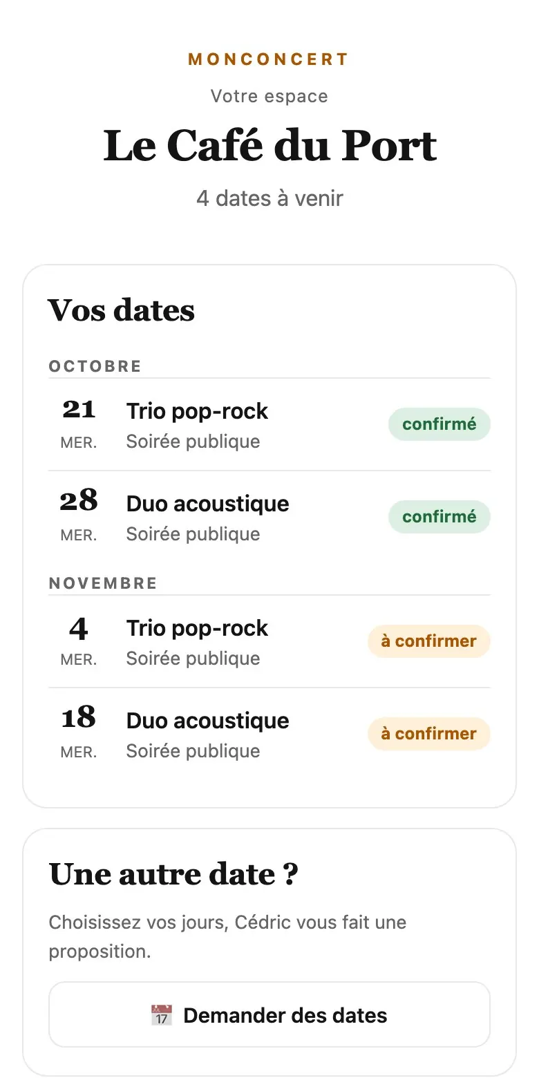 Exemple d'espace organisateur MonConcert sur téléphone : dates confirmées et à confirmer